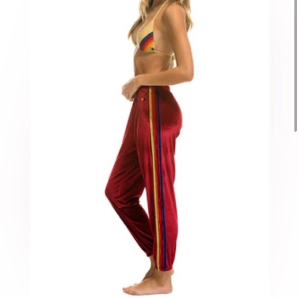 Aviator Nation Red Velour Track Pants with Stripes